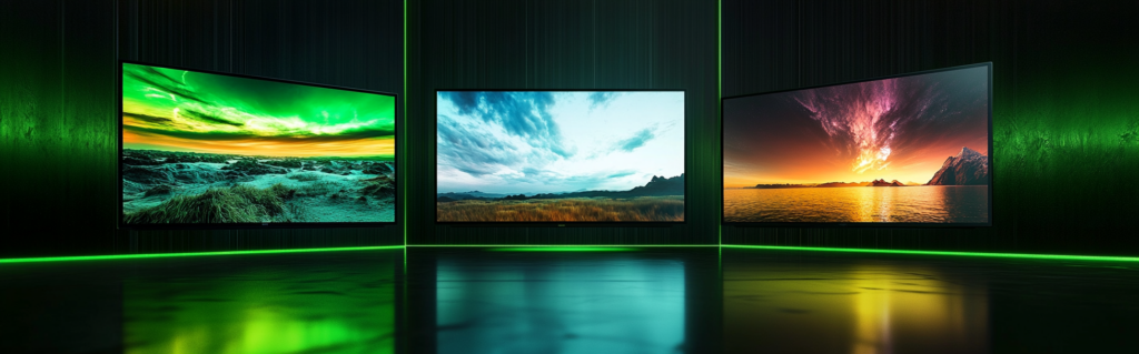 Imagen de 3 monitores sobre un fondo de estudio